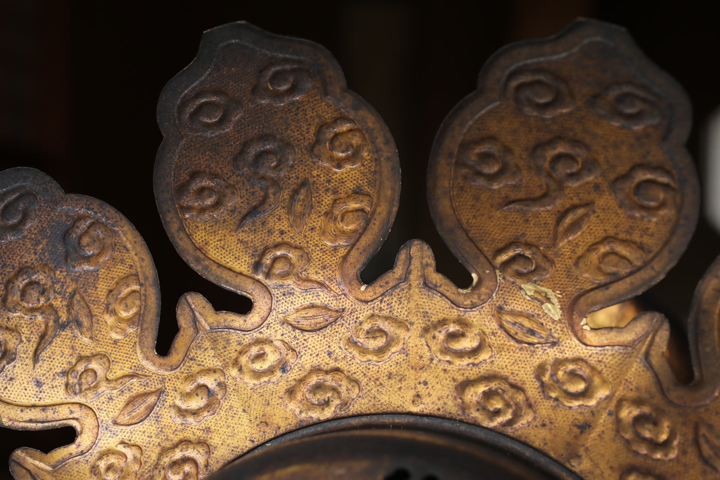 Japanese Antique 1920s buddhist altar, bronze metal hexagonal hanging lantern, lotus fretwork design, furniture H16.7in/H42.5cm