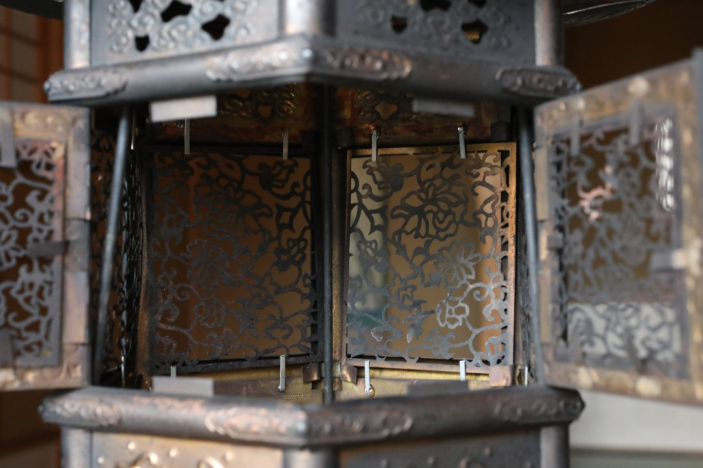 Japanese Antique 1920s buddhist altar, bronze metal hexagonal hanging lantern, lotus fretwork design, furniture H16.7in/H42.5cm