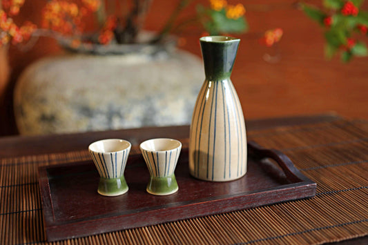 Vintage Oribe Sake Set, Vertical Stripes, Signed Ceramic Tokkuri, Tray