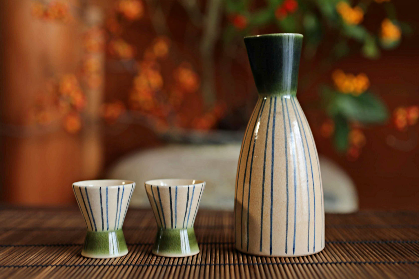 Vintage Oribe Sake Set, Vertical Stripes, Signed Ceramic Tokkuri, Tray