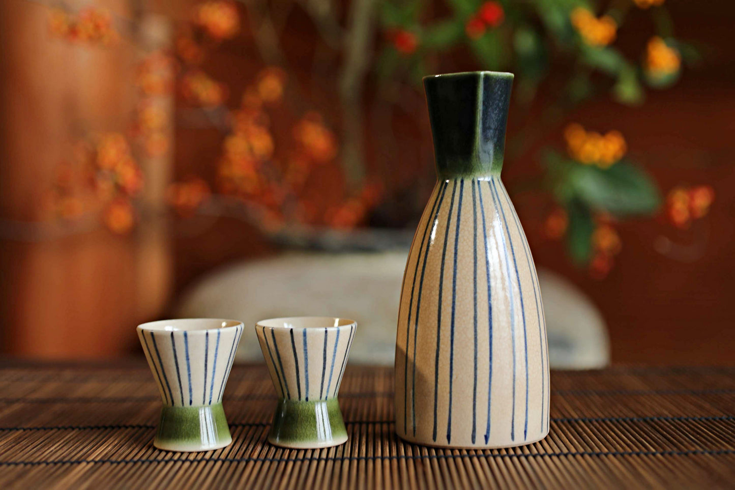 Vintage Oribe Sake Set, Vertical Stripes, Signed Ceramic Tokkuri, Tray