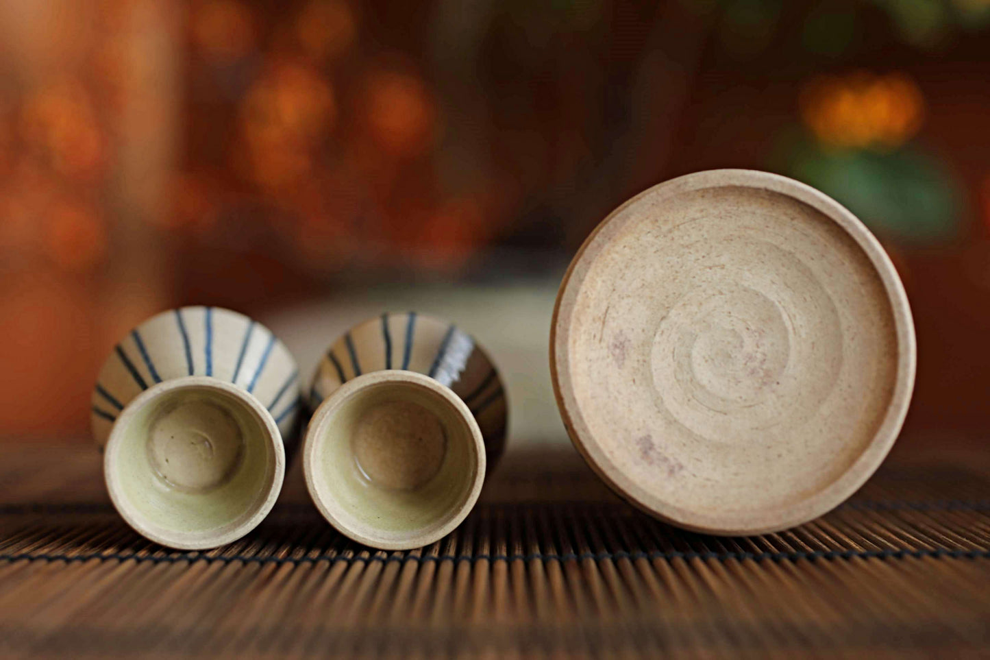 Vintage Oribe Sake Set, Vertical Stripes, Signed Ceramic Tokkuri, Tray