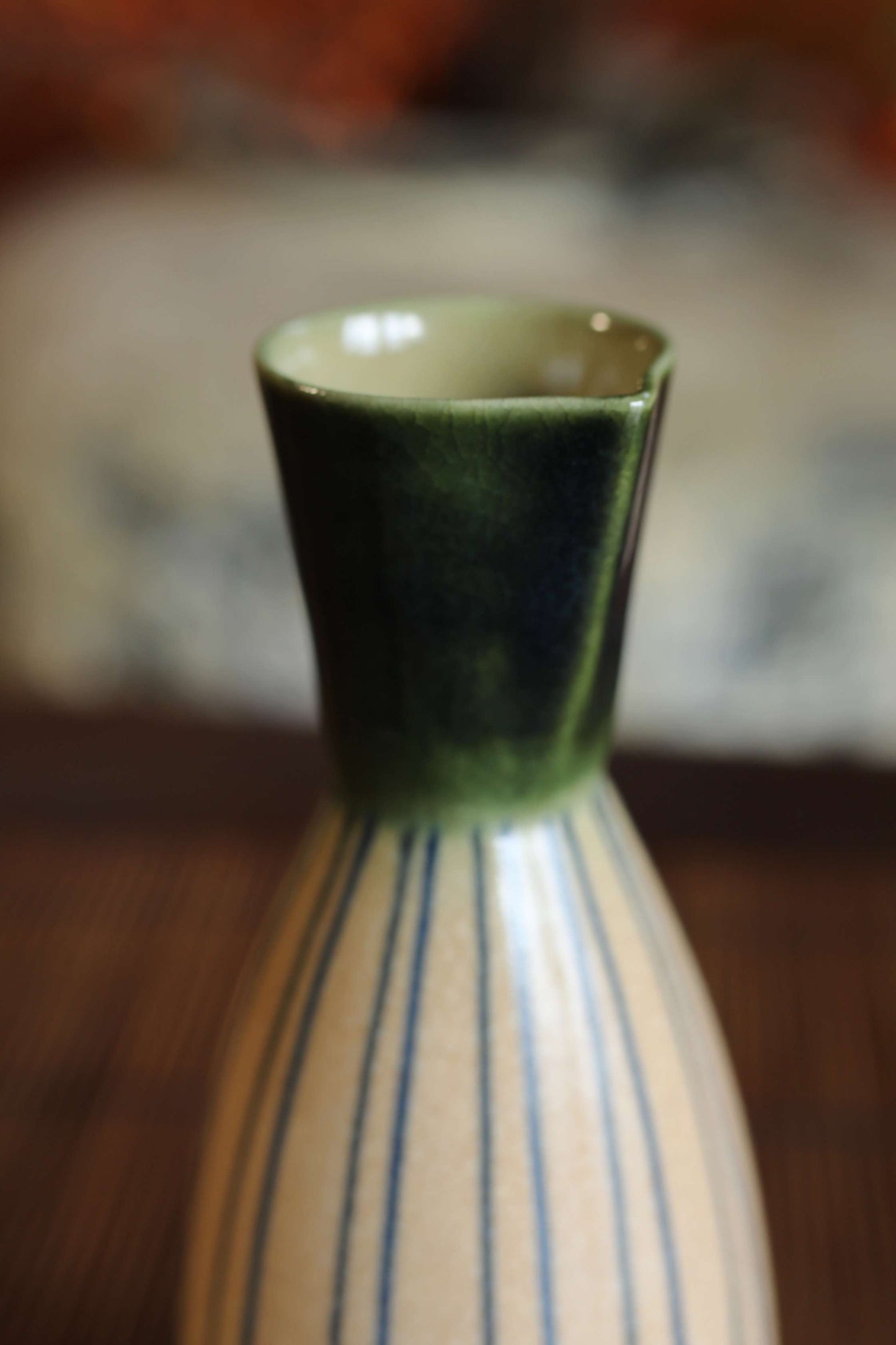 Vintage Oribe Sake Set, Vertical Stripes, Signed Ceramic Tokkuri, Tray