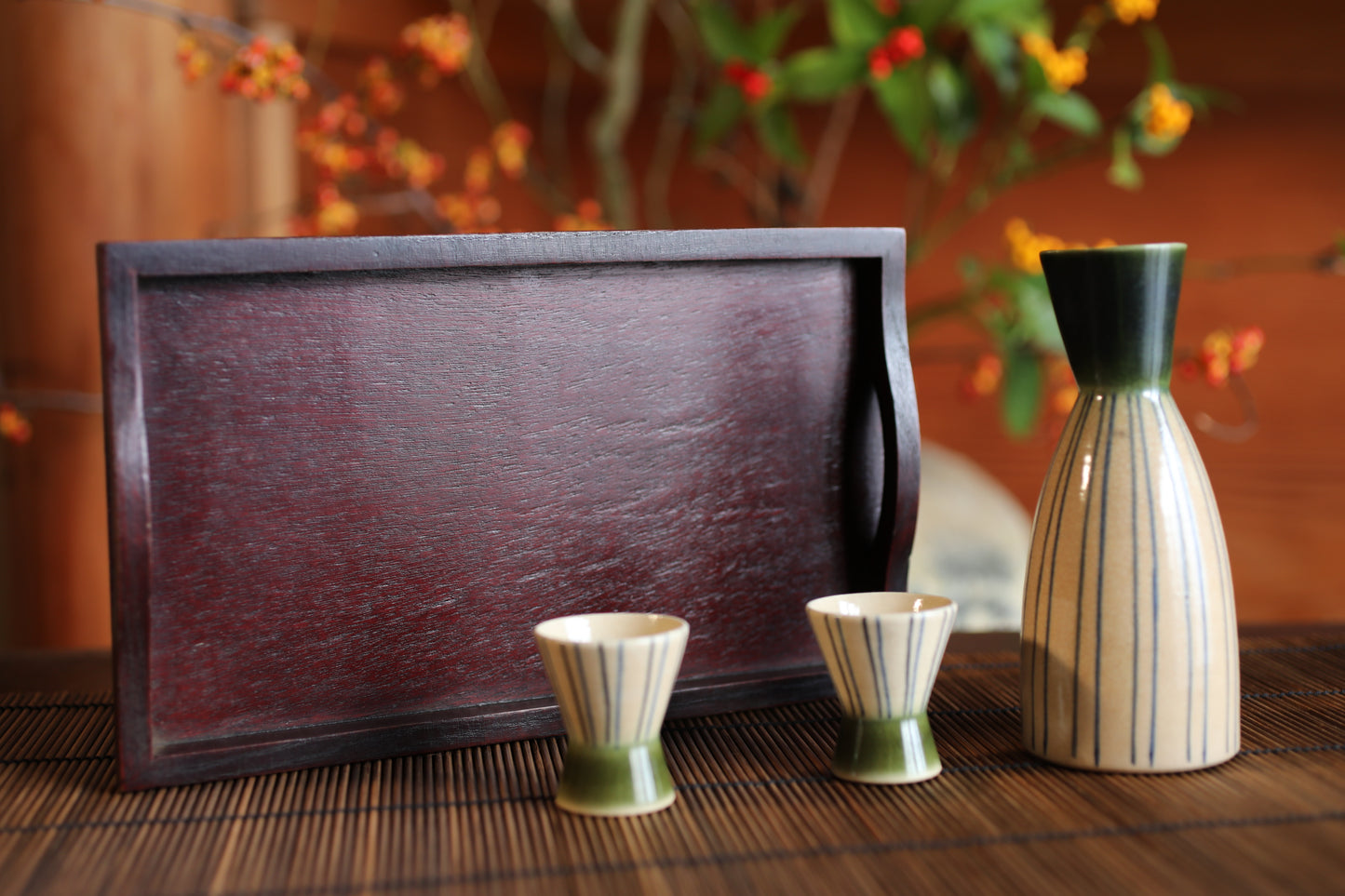 Vintage Oribe Sake Set, Vertical Stripes, Signed Ceramic Tokkuri, Tray