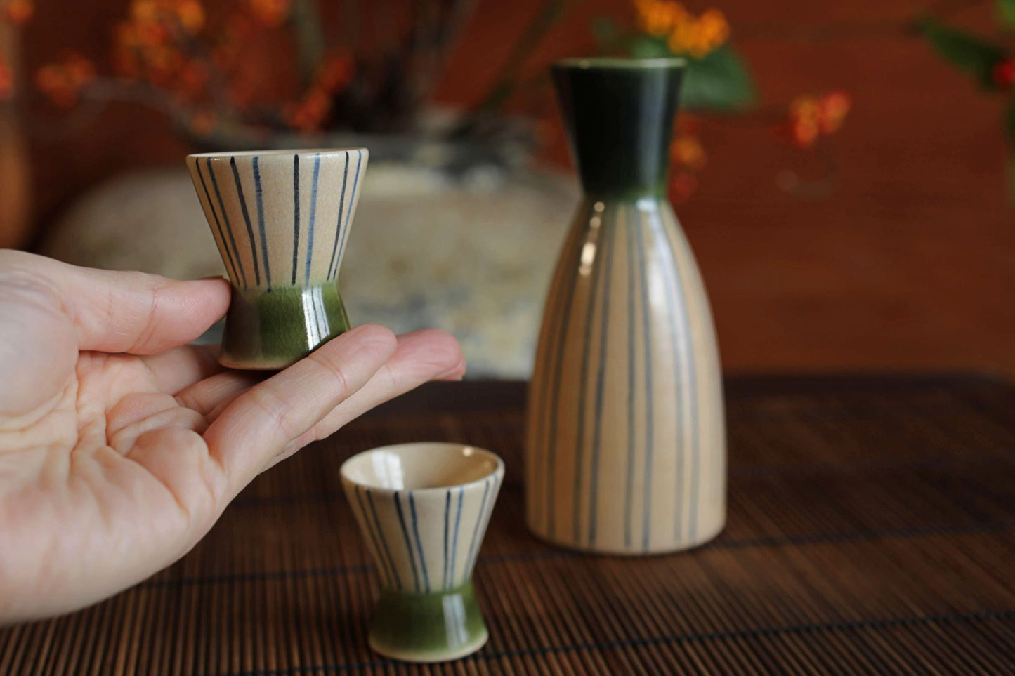 Vintage Oribe Sake Set, Vertical Stripes, Signed Ceramic Tokkuri, Tray