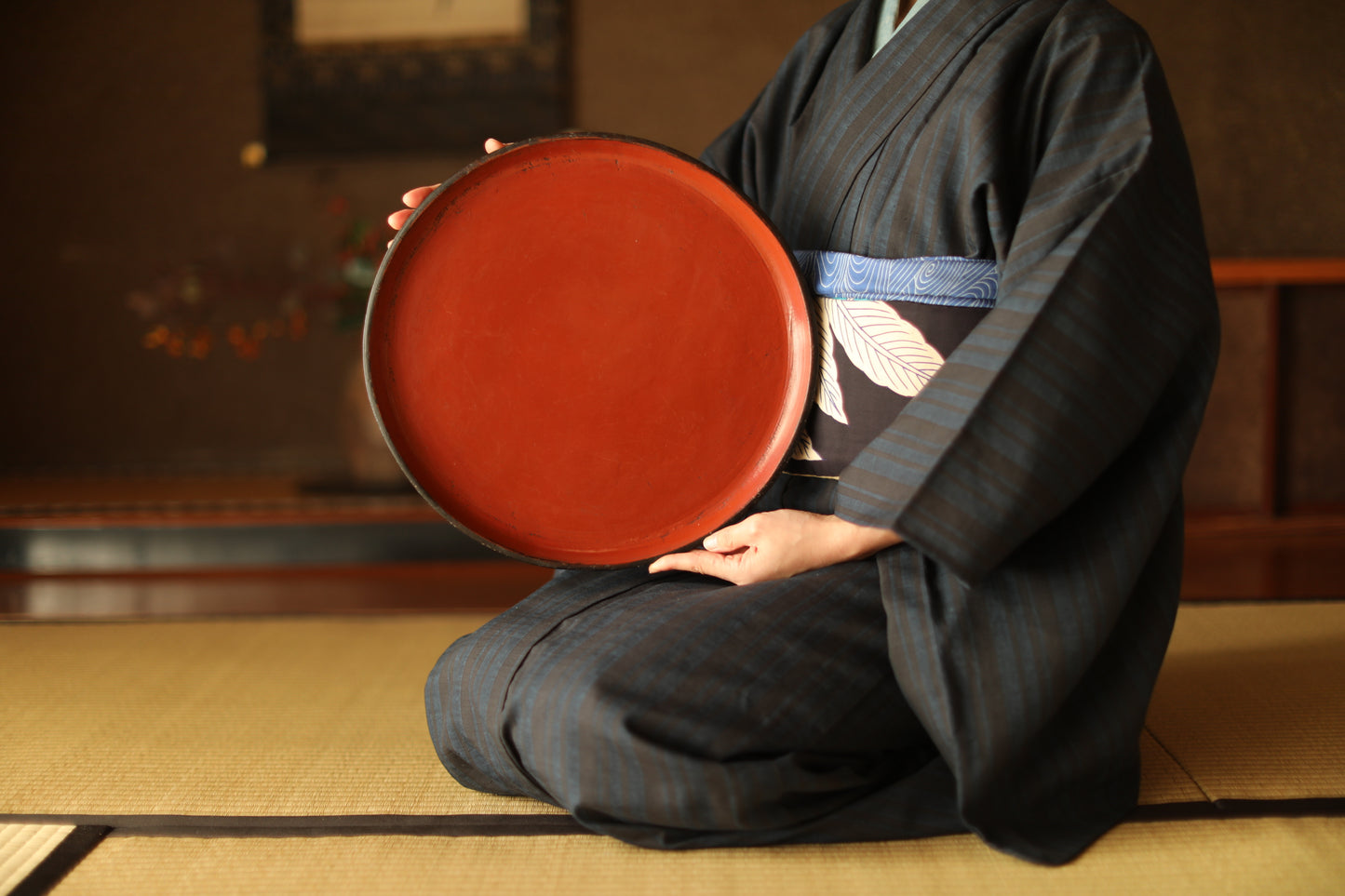 Antique Japanese Lacquered Obon Round Tray Signed, Red & Black Negoro