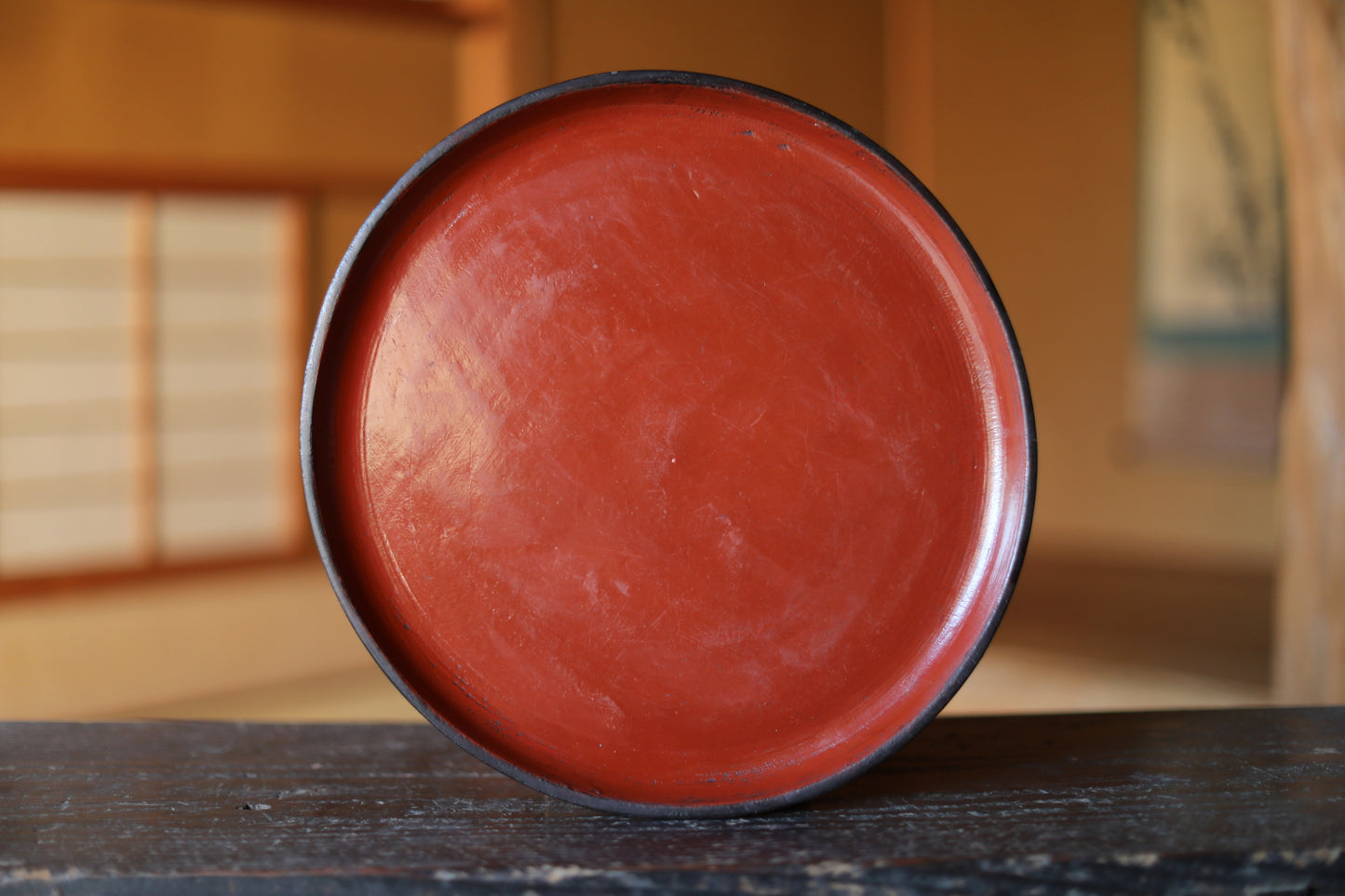 Antique Japanese Lacquered Obon Round Tray Signed, Red & Black Negoro