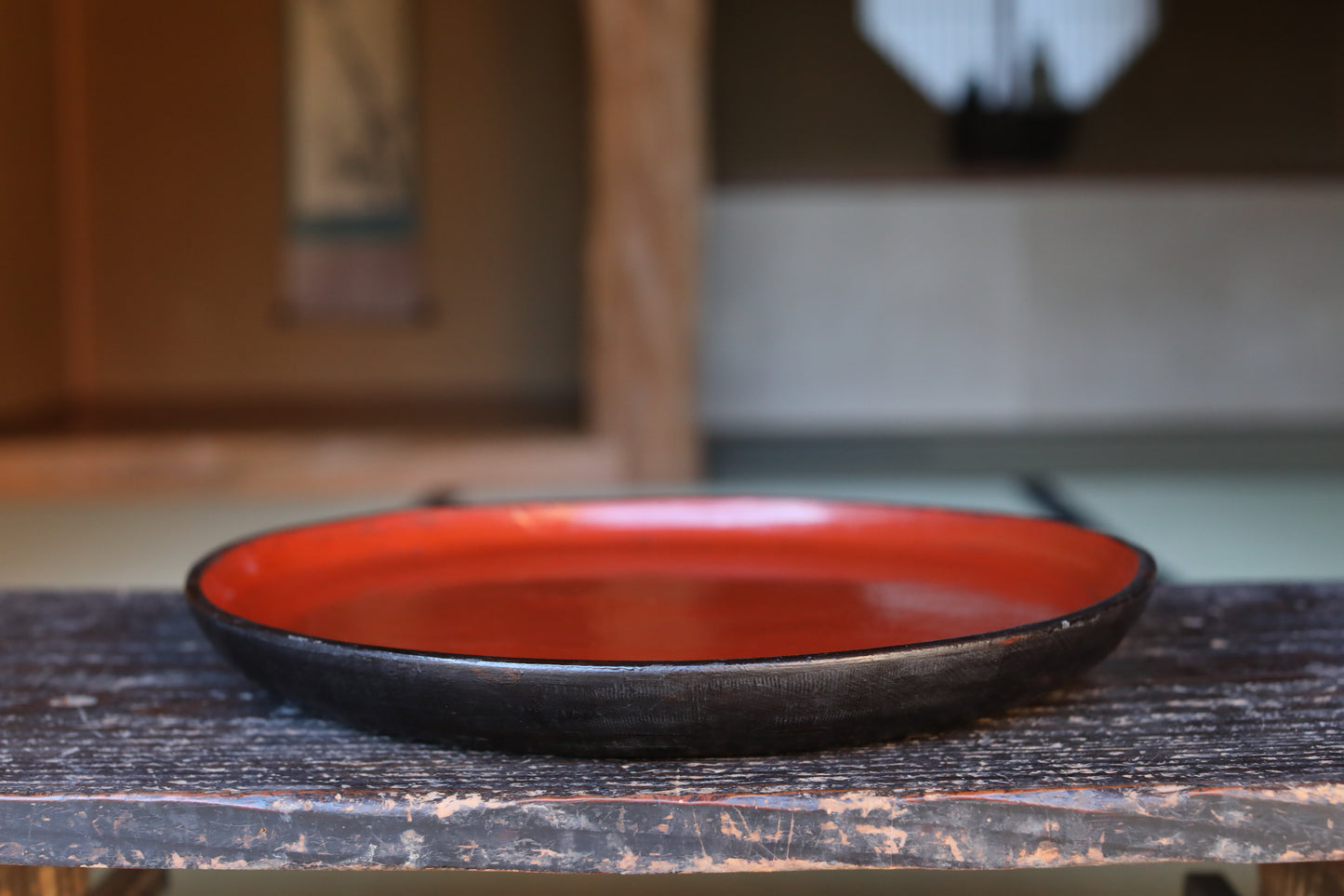 Antique Japanese Lacquered Obon Round Tray Signed, Red & Black Negoro