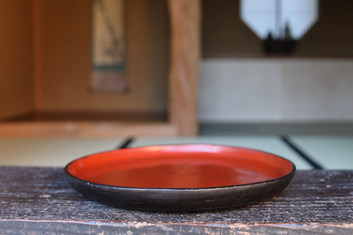 Antique Japanese Lacquered Obon Round Tray Signed, Red & Black Negoro
