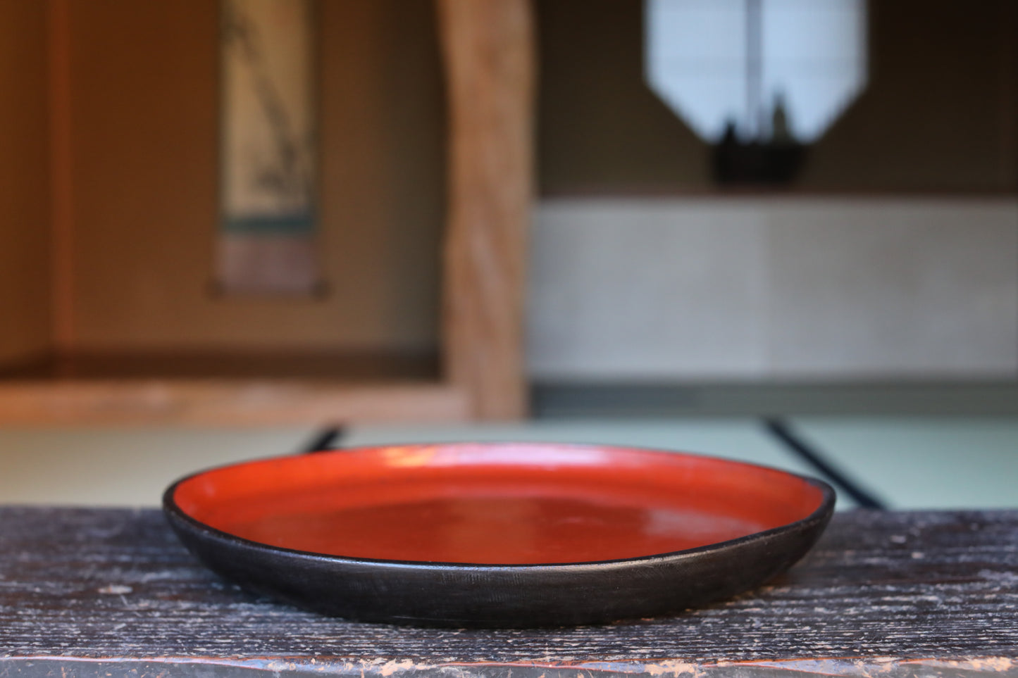 Antique Japanese Lacquered Obon Round Tray Signed, Red & Black Negoro