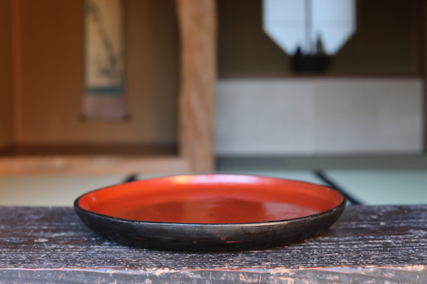 Antique Japanese Lacquered Obon Round Tray Signed, Red & Black Negoro