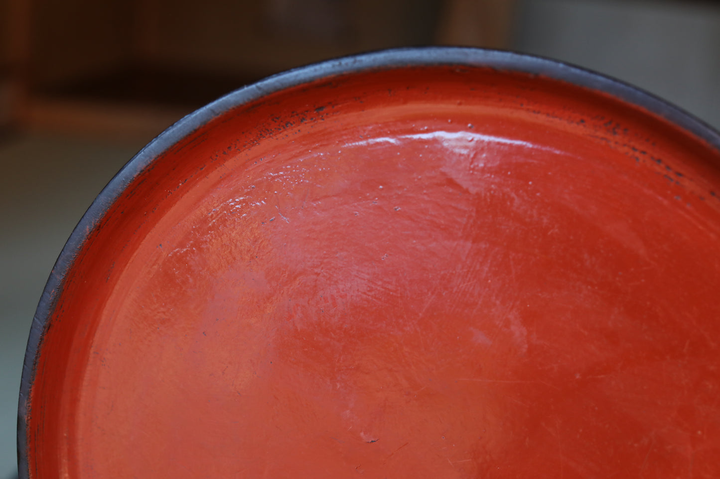 Antique Japanese Lacquered Obon Round Tray Signed, Red & Black Negoro