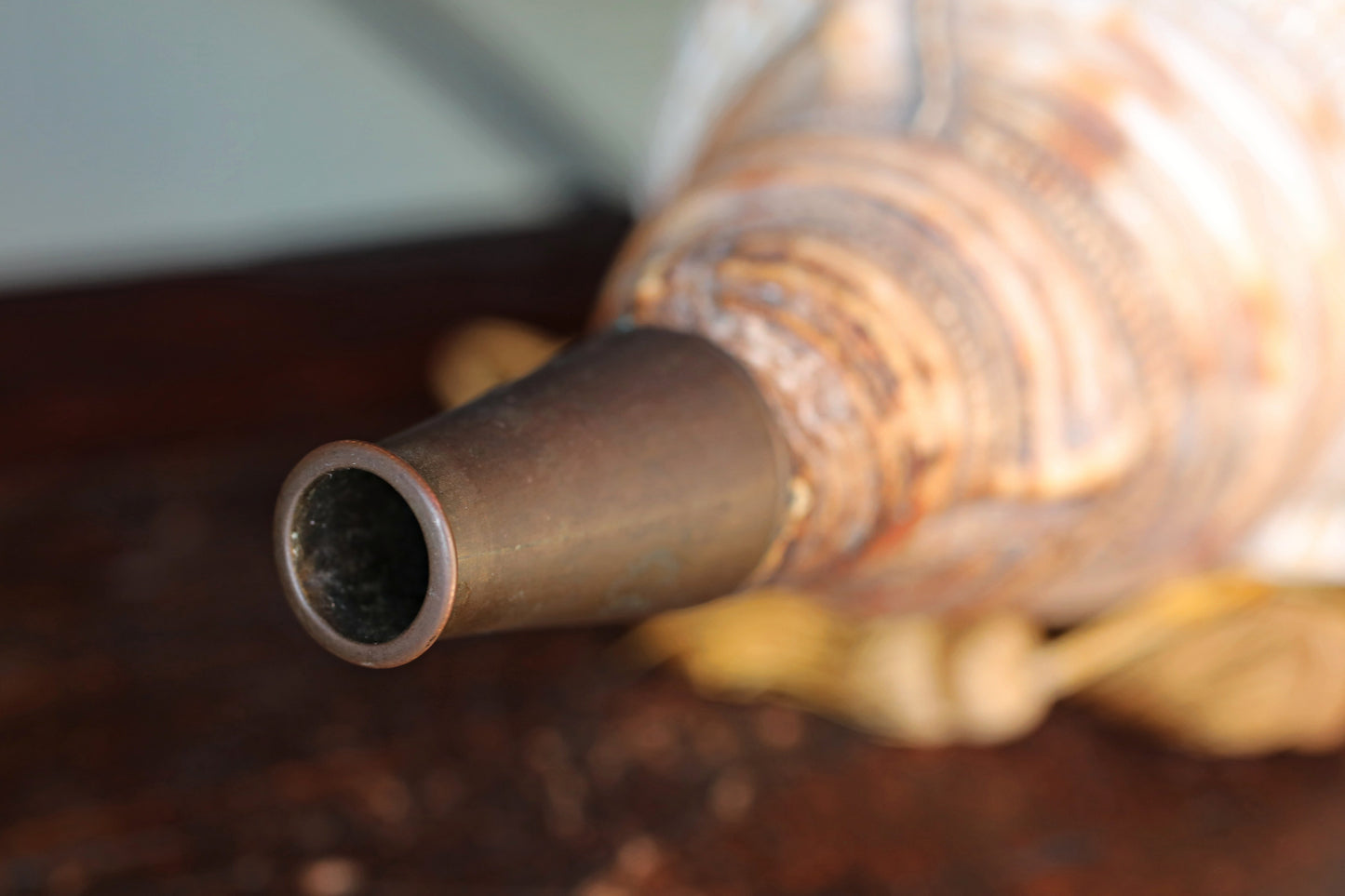 Japanese antique conch shell horn trumpet, HORAGAI buddhist alter mountain priest monk 13in/33cm