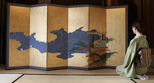 Antique Japanese furniture Byobu wind screen of hand painting Tale of Genji 1700s Real Gold Clouds Sea W111in/W282cm