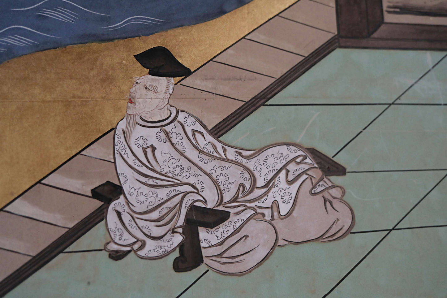 Antique Japanese furniture Byobu wind screen of hand painting Tale of Genji 1700s Real Gold Clouds Sea W111in/W282cm