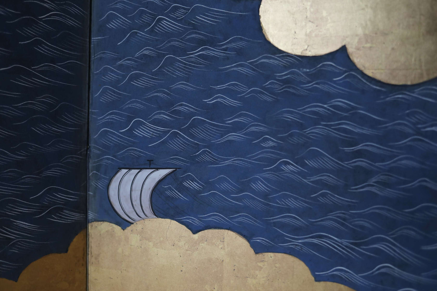 Antique Japanese furniture Byobu wind screen of hand painting Tale of Genji 1700s Real Gold Clouds Sea W111in/W282cm