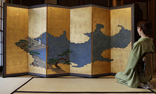 Antique Japanese furniture Byobu wind screen of hand painting Tale of Genji 1700s Real Gold Clouds Sea W111in/W282cm