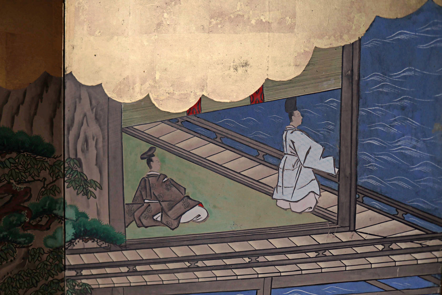 Antique Japanese furniture Byobu wind screen of hand painting Tale of Genji 1700s Real Gold Clouds Sea W111in/W282cm