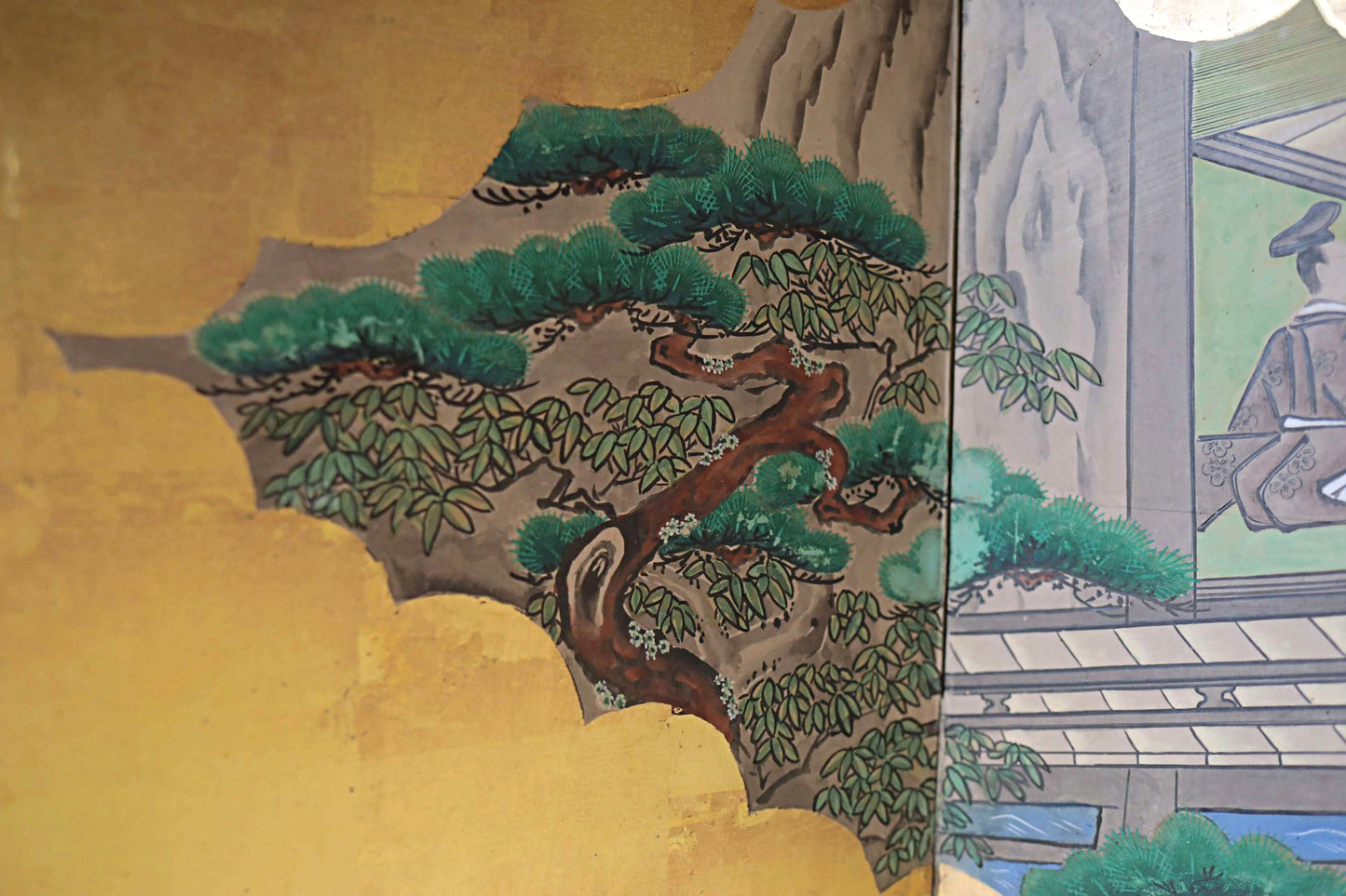 Antique Japanese furniture Byobu wind screen of hand painting Tale of Genji 1700s Real Gold Clouds Sea W111in/W282cm