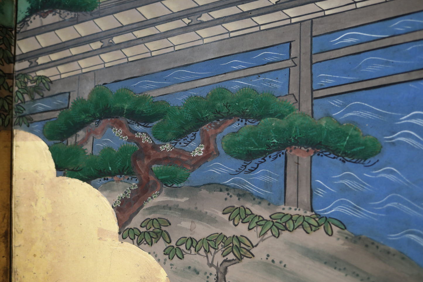 Antique Japanese furniture Byobu wind screen of hand painting Tale of Genji 1700s Real Gold Clouds Sea W111in/W282cm