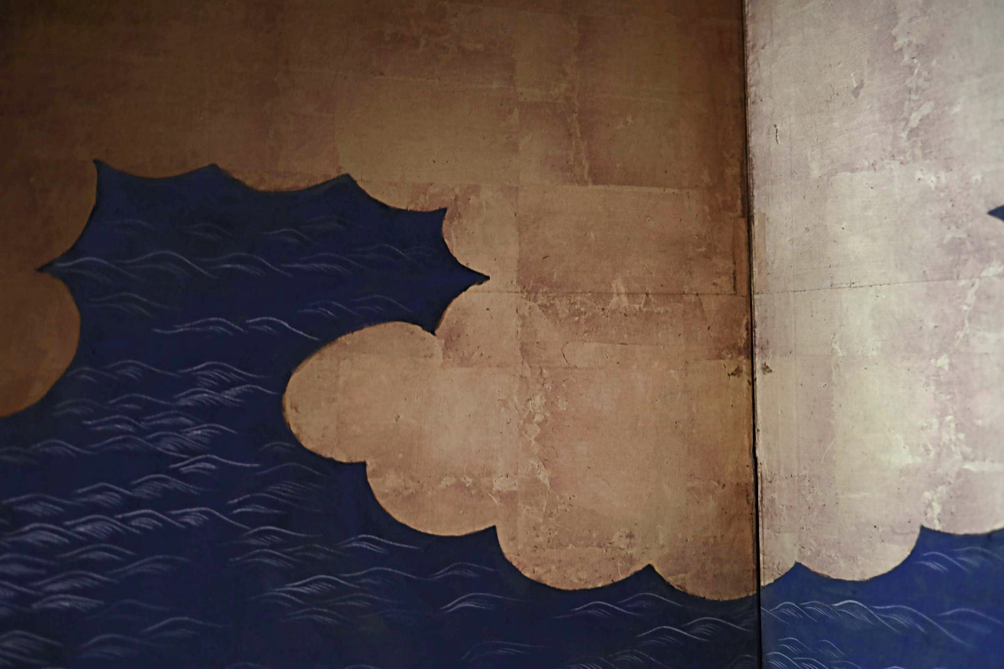 Antique Japanese furniture Byobu wind screen of hand painting Tale of Genji 1700s Real Gold Clouds Sea W111in/W282cm