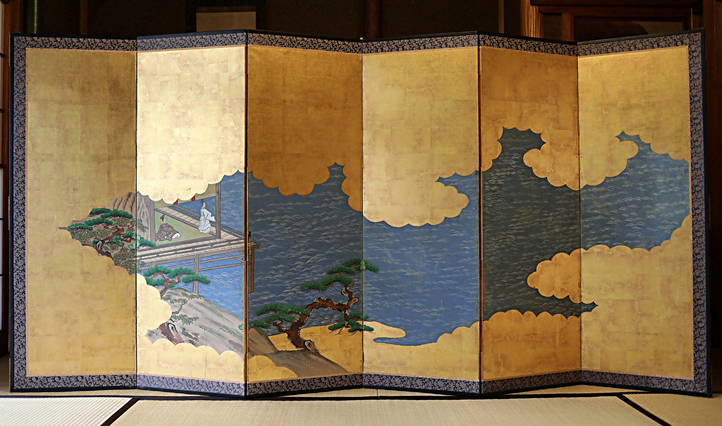 Antique Japanese furniture Byobu wind screen of hand painting Tale of Genji 1700s Real Gold Clouds Sea W111in/W282cm