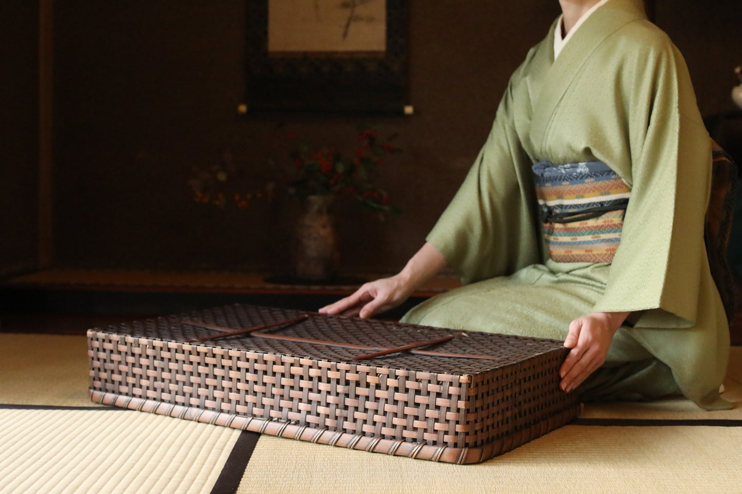 Antique Japanese Bamboo Basket Box: Kimono Obi Storage, 1920s