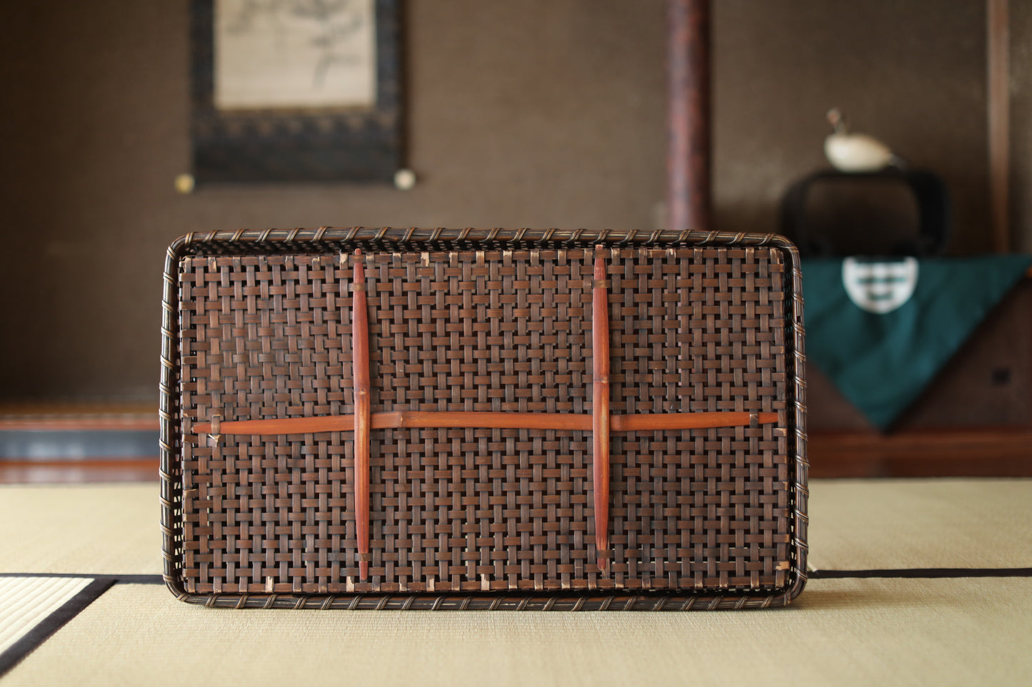 Antique Japanese Bamboo Basket Box: Kimono Obi Storage, 1920s