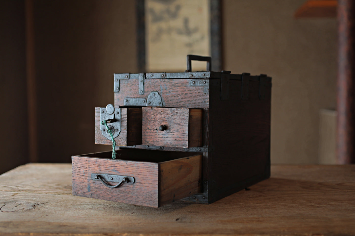 Antique Japanese Tansu Box, Suzuribako Inkstone Case, Cedar Storage