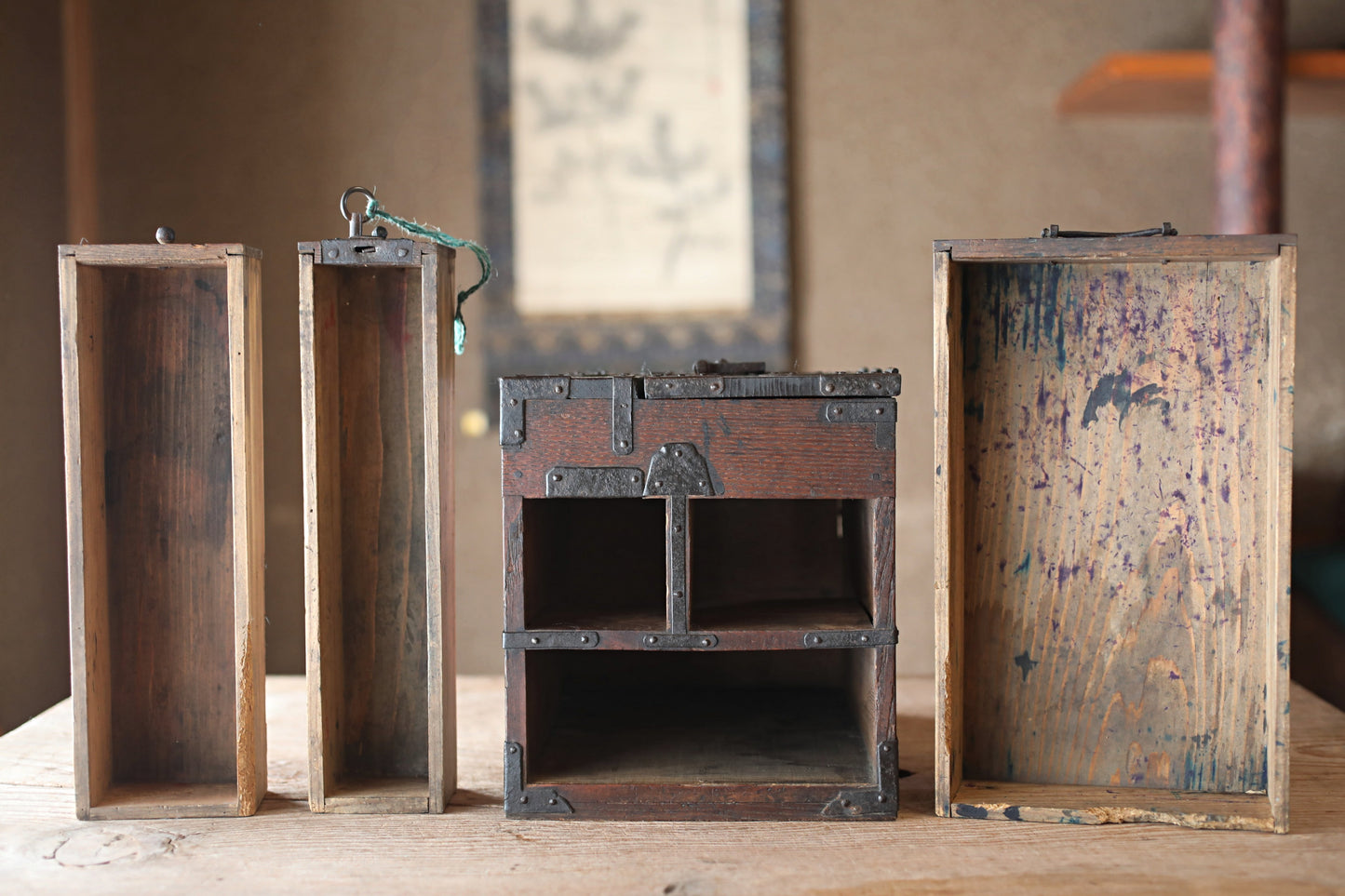 Antique Japanese Tansu Box, Suzuribako Inkstone Case, Cedar Storage