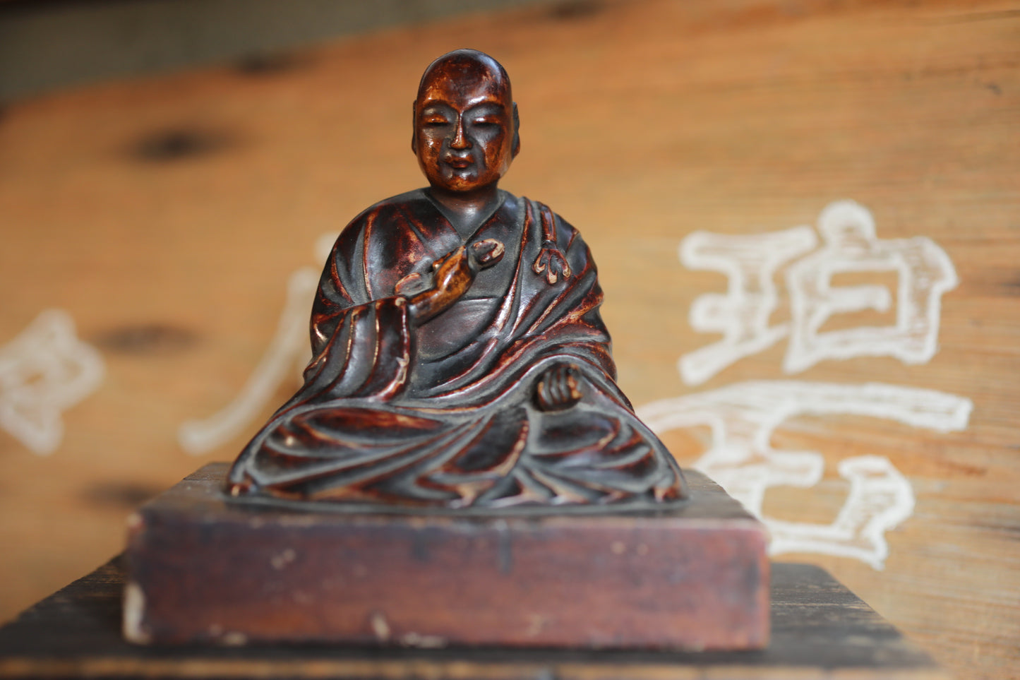Antique Kōbō Daishi Statue: Japanese Buddhist Monk Sculpture, Wood & Lacquer