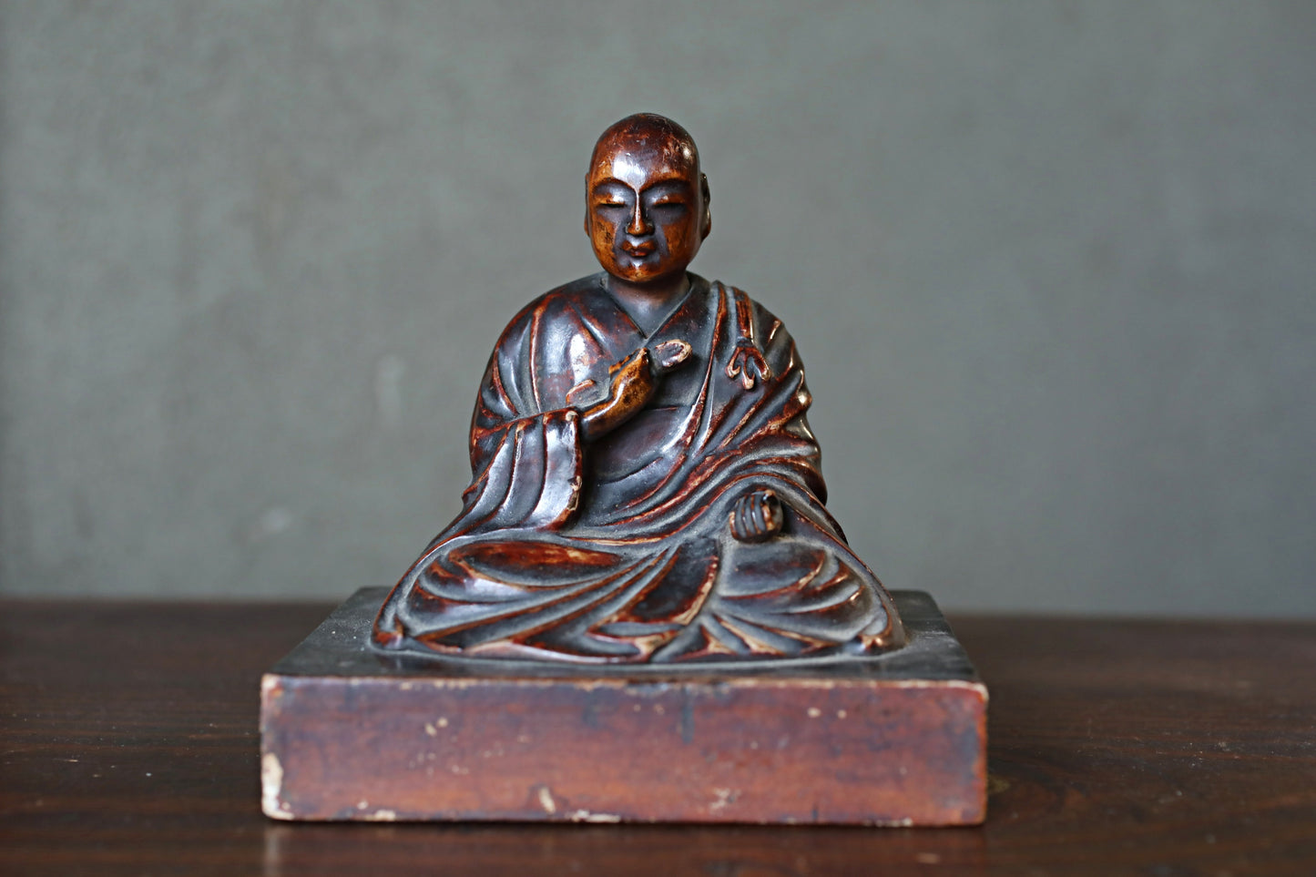 Antique Kōbō Daishi Statue: Japanese Buddhist Monk Sculpture, Wood & Lacquer