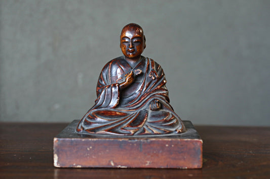 Antique Kōbō Daishi Statue: Japanese Buddhist Monk Sculpture, Wood & Lacquer