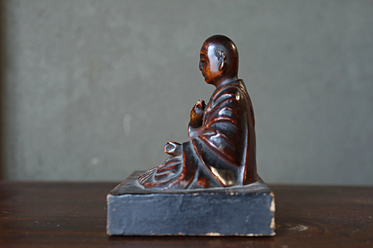 Antique Kōbō Daishi Statue: Japanese Buddhist Monk Sculpture, Wood & Lacquer