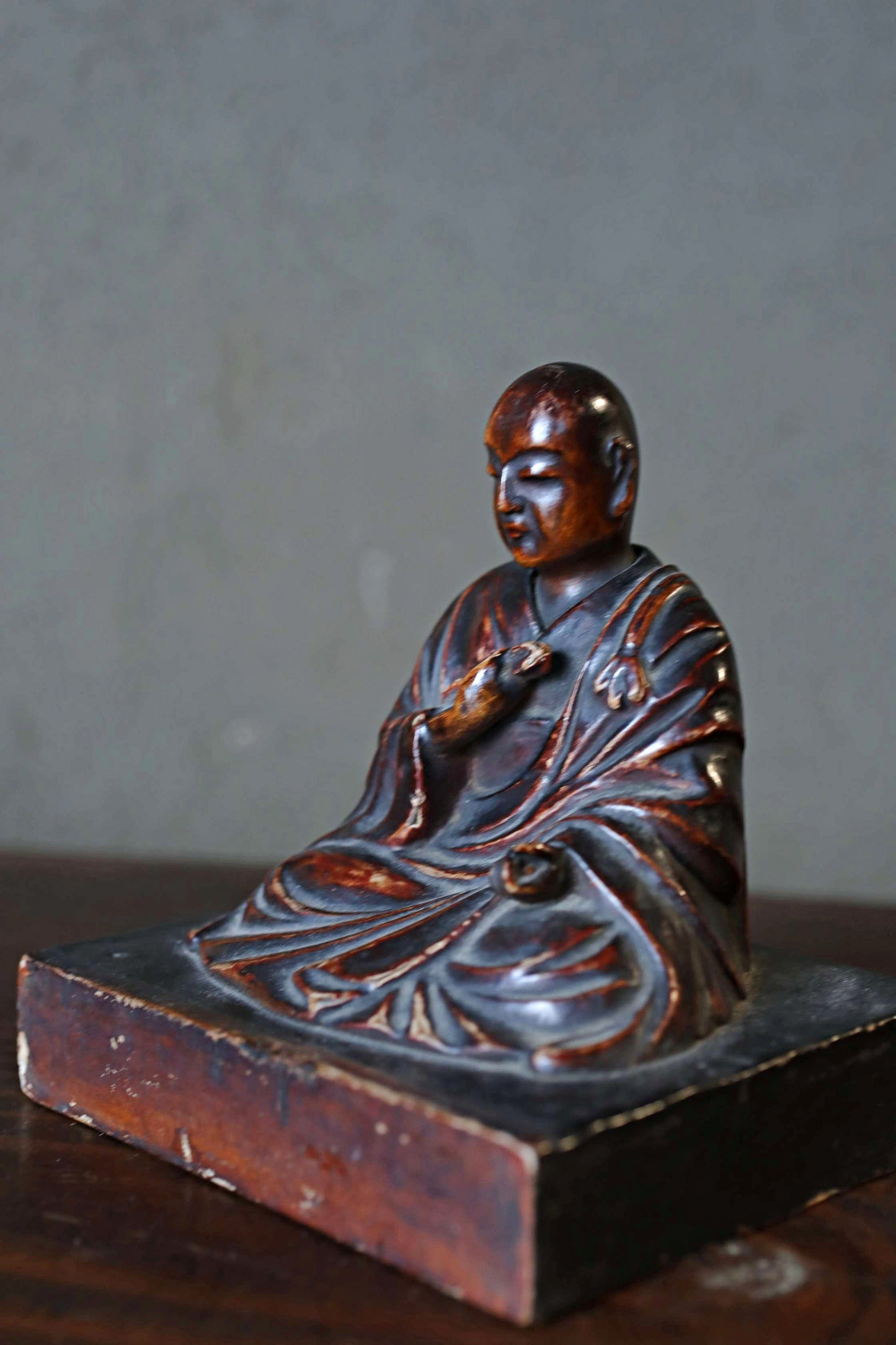 Antique Kōbō Daishi Statue: Japanese Buddhist Monk Sculpture, Wood & Lacquer