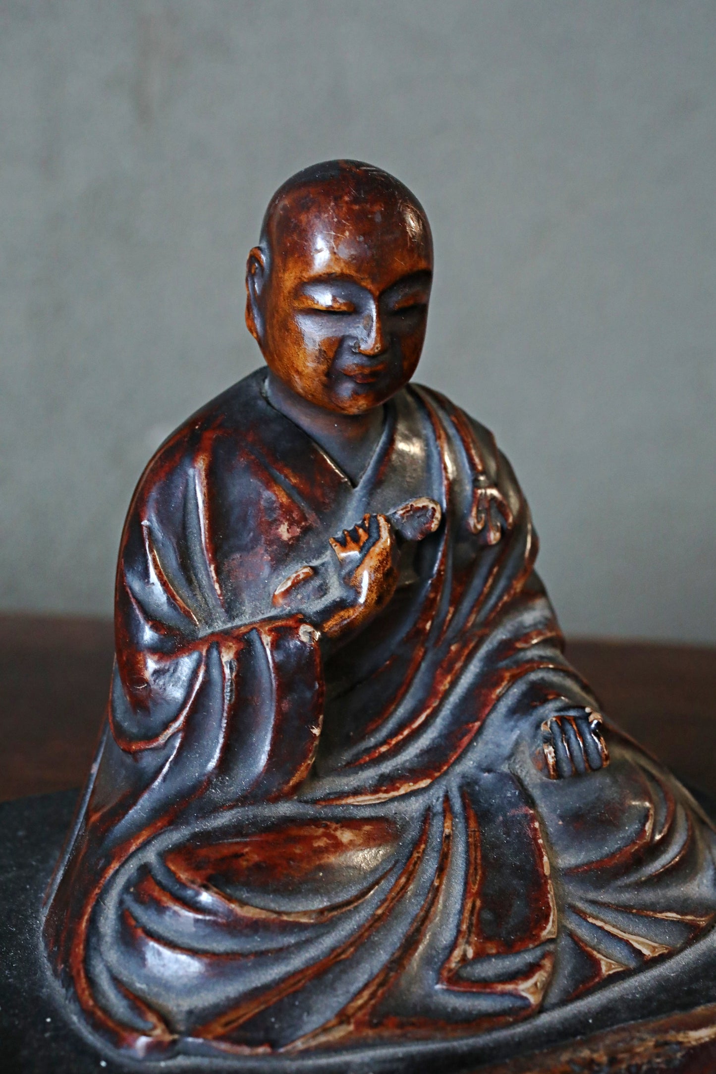 Antique Kōbō Daishi Statue: Japanese Buddhist Monk Sculpture, Wood & Lacquer