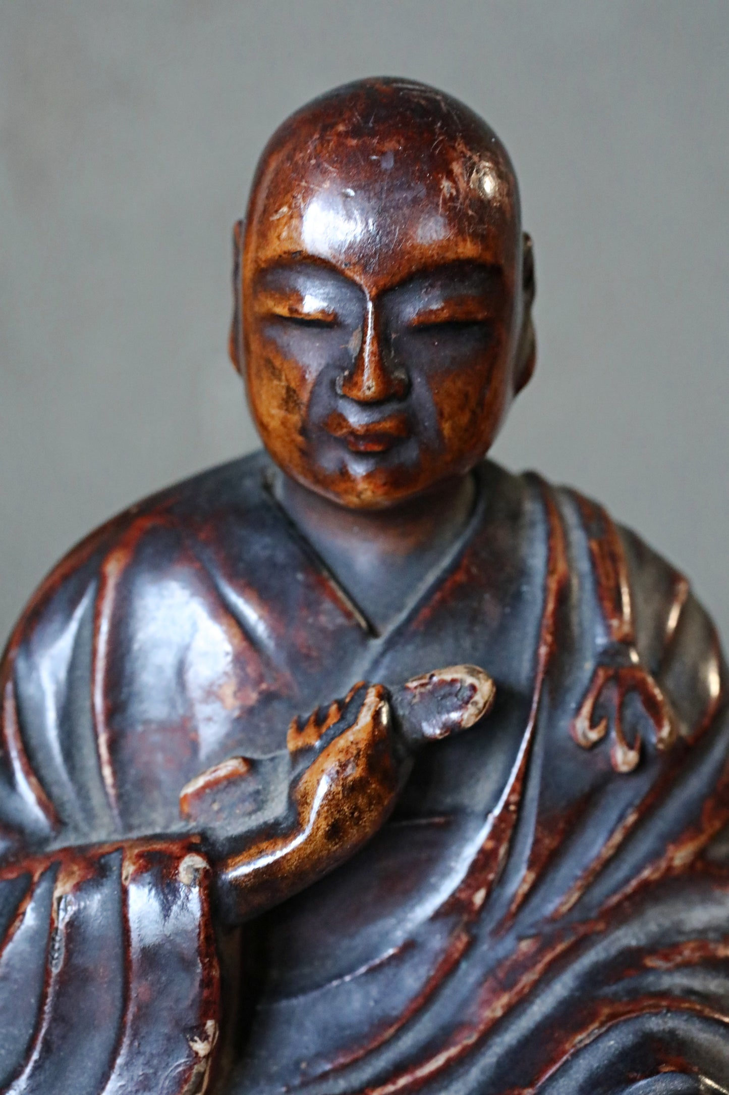 Antique Kōbō Daishi Statue: Japanese Buddhist Monk Sculpture, Wood & Lacquer