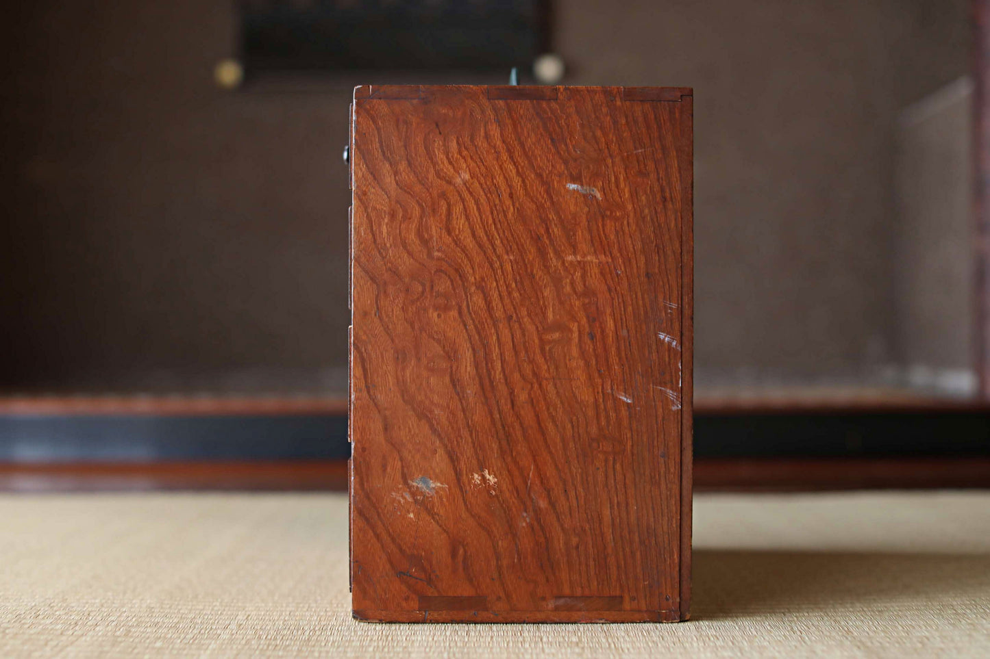 Antique Japanese Tansu Chest: Lacquered Zelkova Wood, Metal Fittings 5 drawers W12.6in/32cm