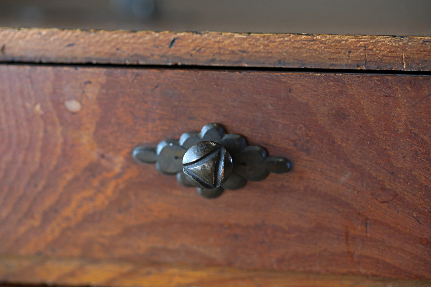 Antique Japanese Tansu Chest: Lacquered Zelkova Wood, Metal Fittings 5 drawers W12.6in/32cm