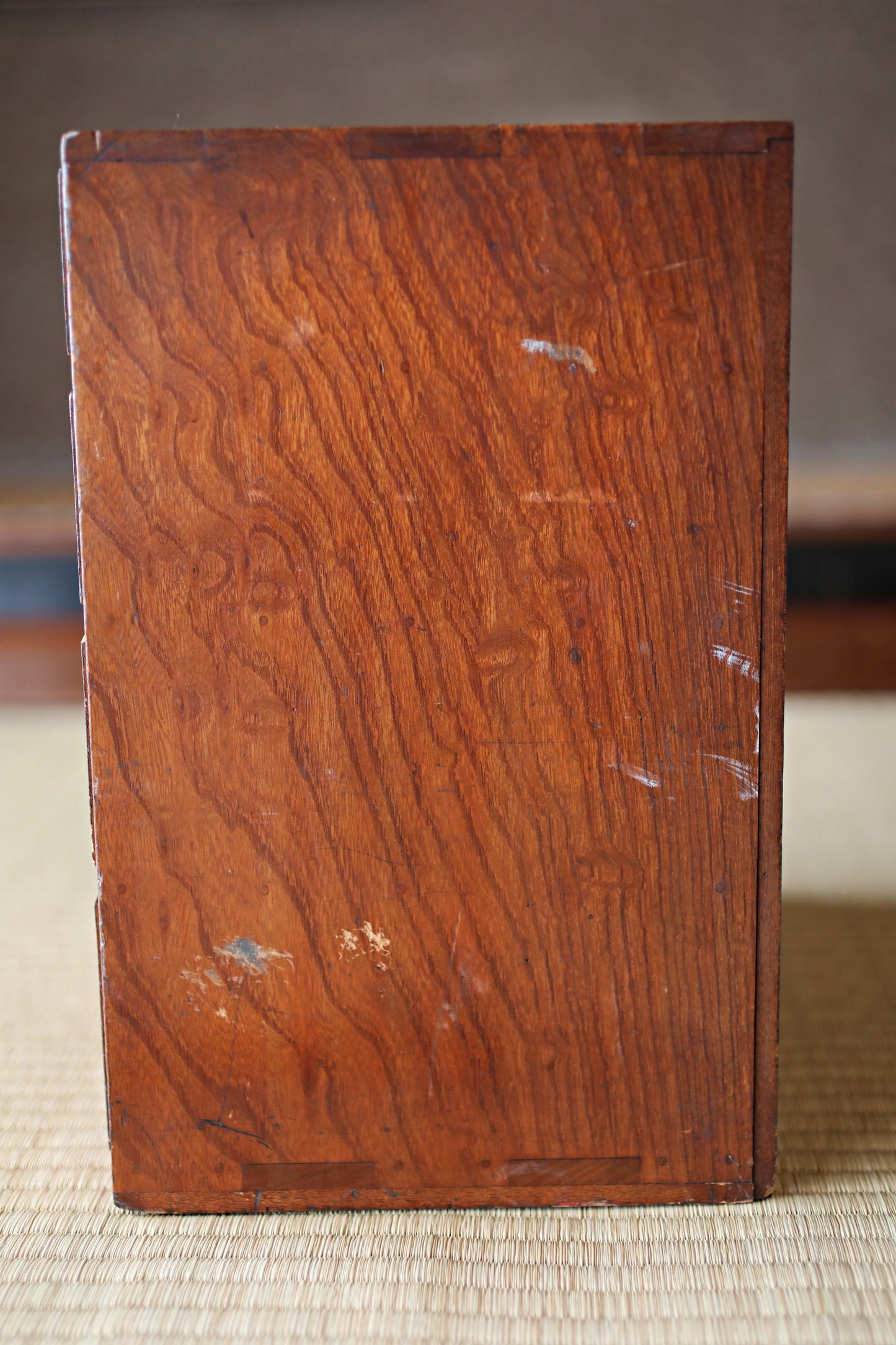 Antique Japanese Tansu Chest: Lacquered Zelkova Wood, Metal Fittings 5 drawers W12.6in/32cm