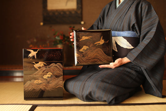 Antique Japanese Lacquer Jubako Box: Edo Crane Waves Makie, 4-Tiered
