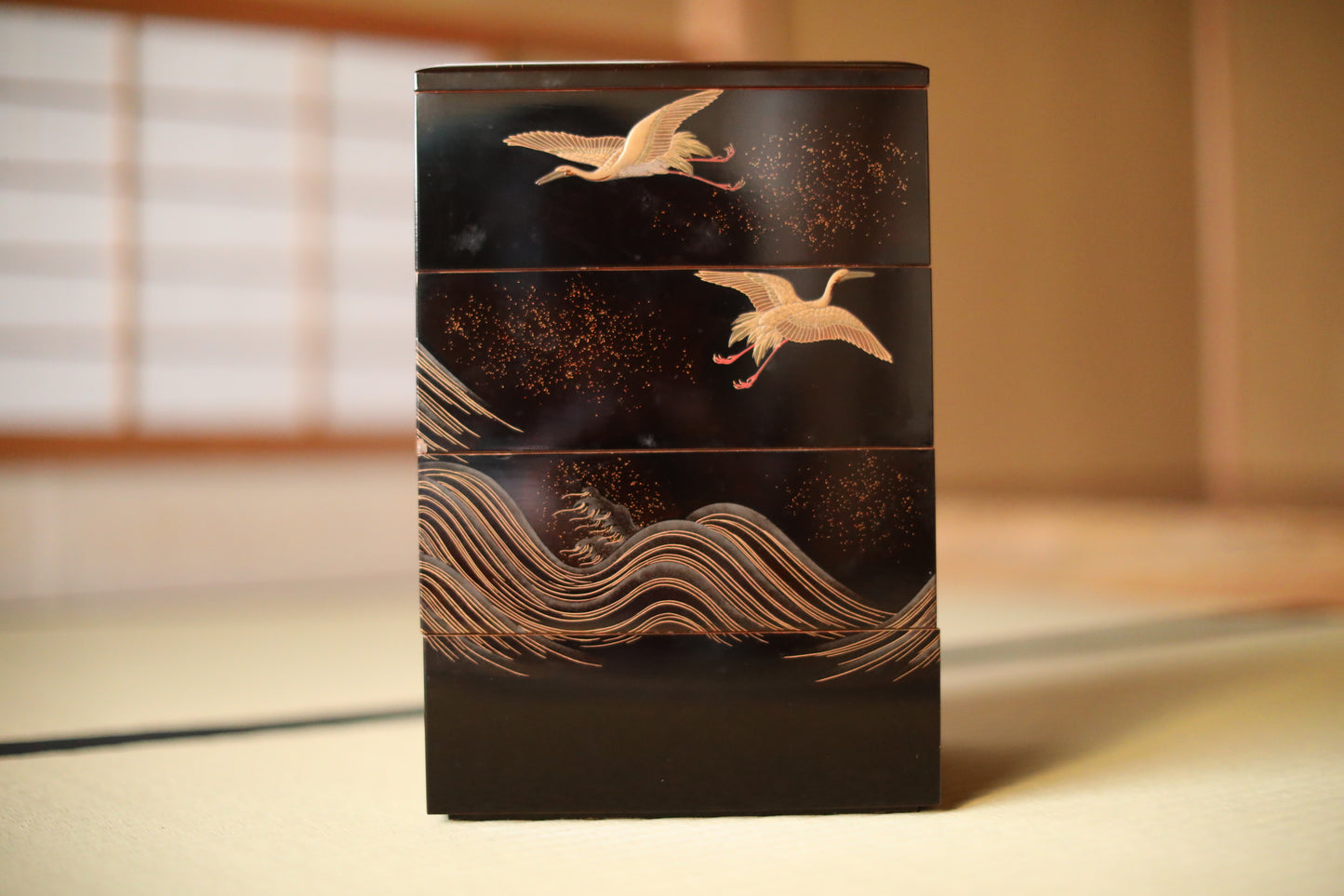 Antique Japanese Lacquer Jubako Box: Edo Crane Waves Makie, 4-Tiered