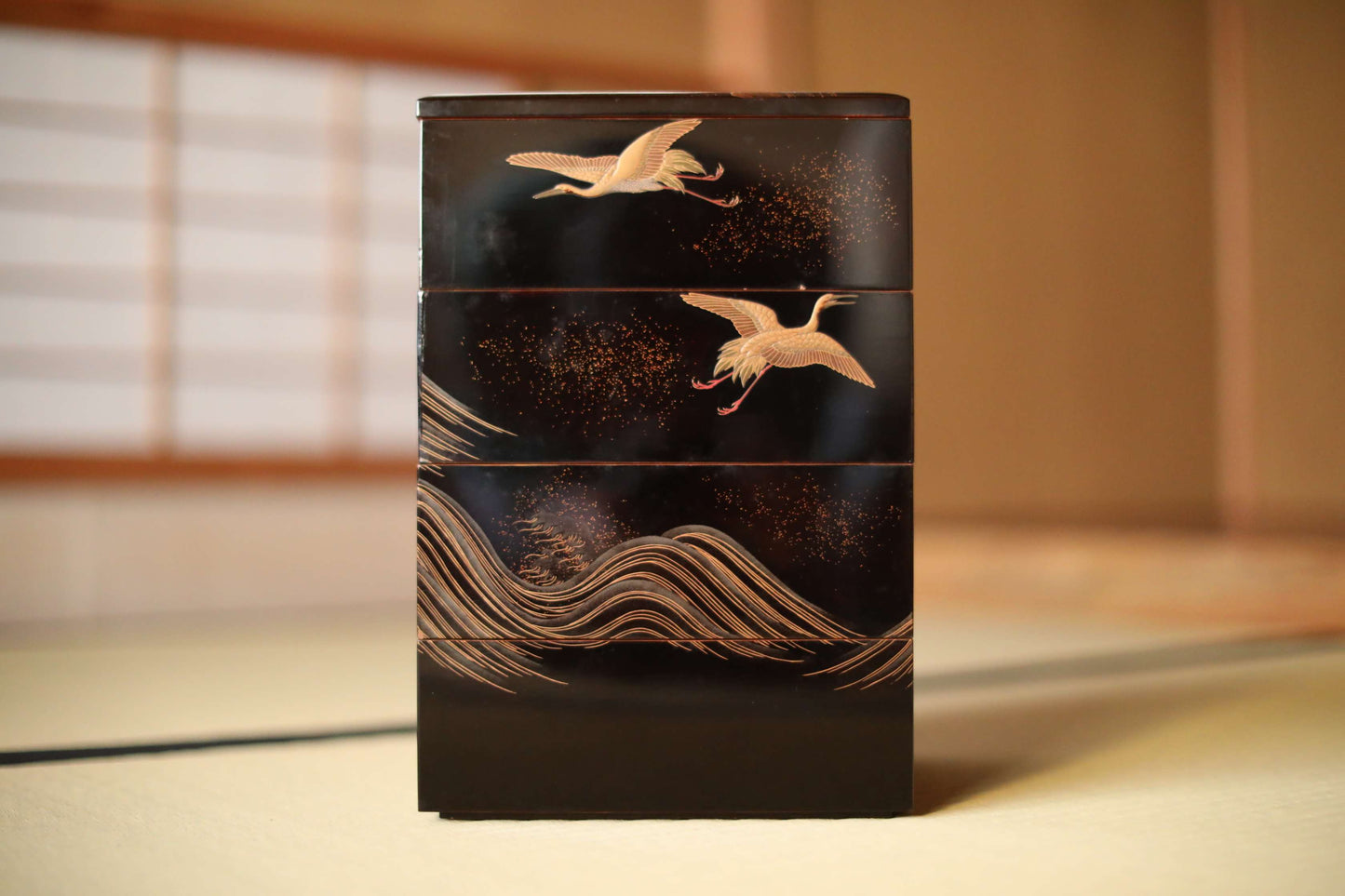 Antique Japanese Lacquer Jubako Box: Edo Crane Waves Makie, 4-Tiered