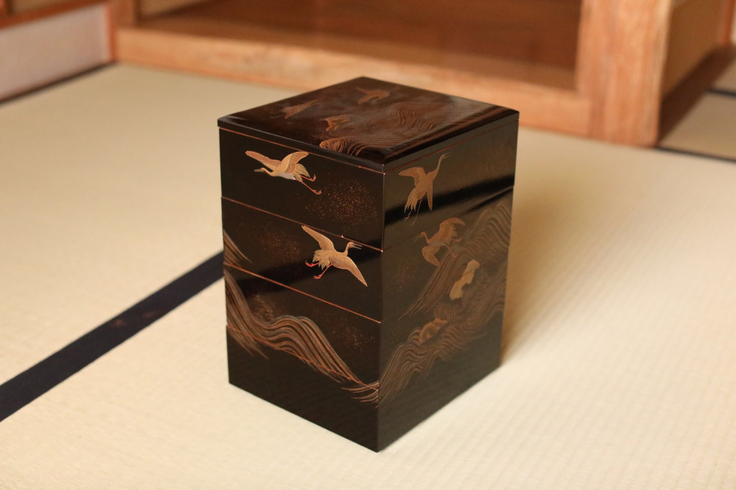 Antique Japanese Lacquer Jubako Box: Edo Crane Waves Makie, 4-Tiered