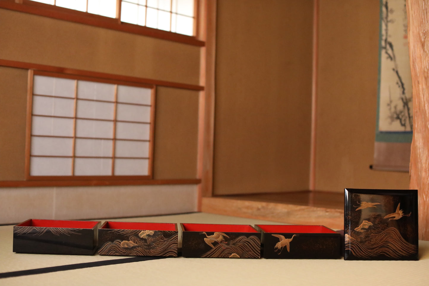 Antique Japanese Lacquer Jubako Box: Edo Crane Waves Makie, 4-Tiered