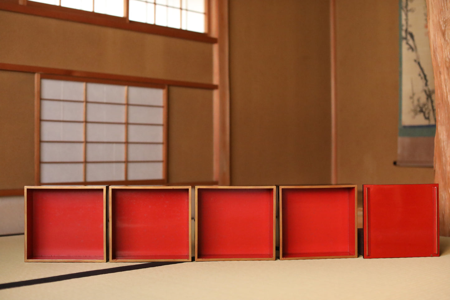 Antique Japanese Lacquer Jubako Box: Edo Crane Waves Makie, 4-Tiered