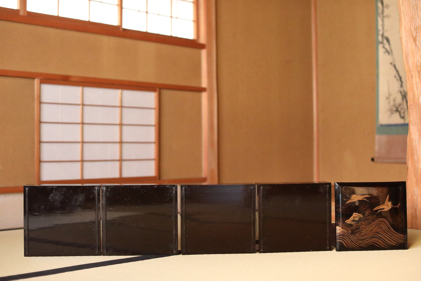 Antique Japanese Lacquer Jubako Box: Edo Crane Waves Makie, 4-Tiered