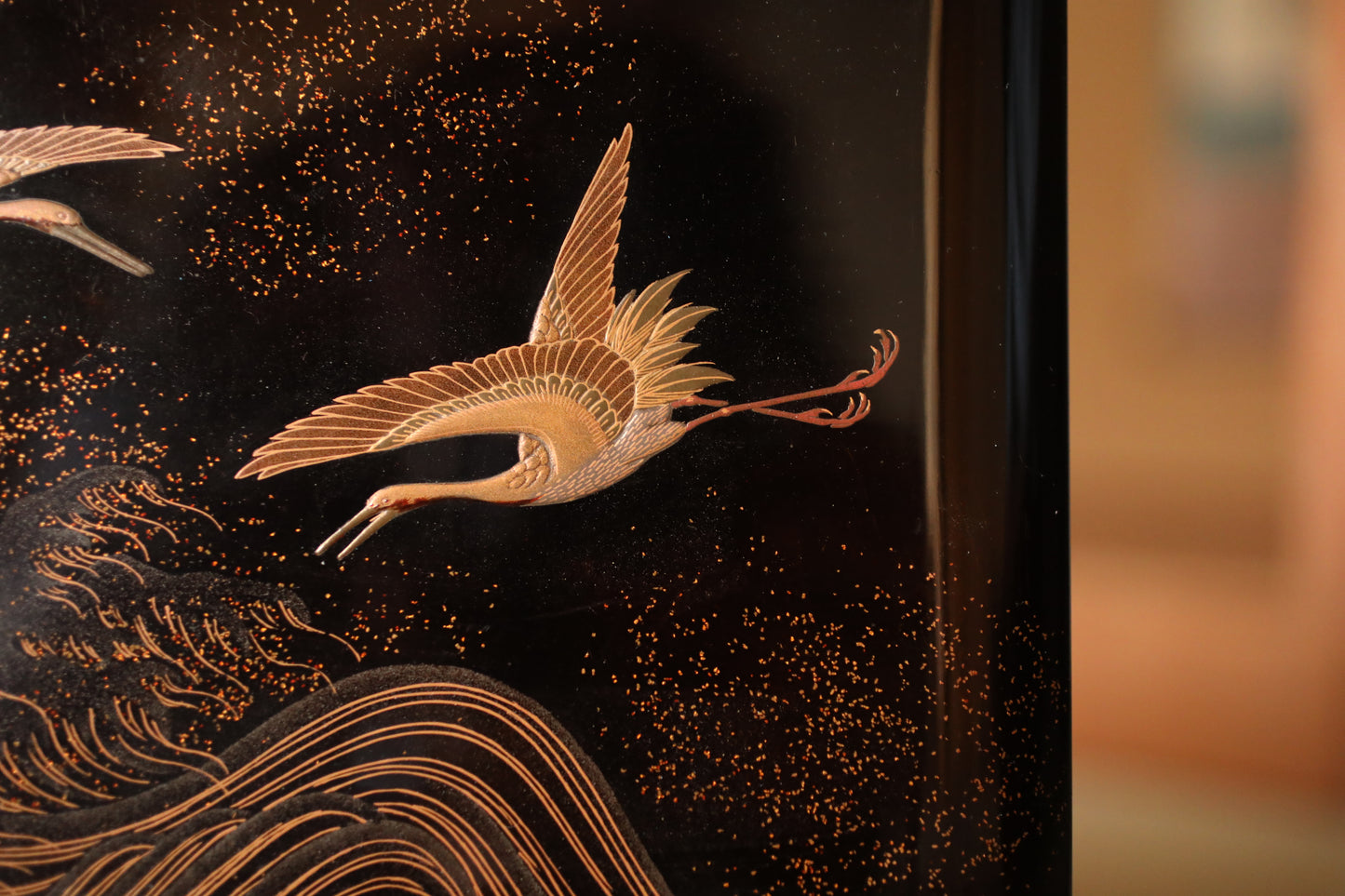 Antique Japanese Lacquer Jubako Box: Edo Crane Waves Makie, 4-Tiered