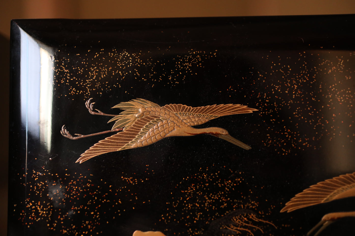 Antique Japanese Lacquer Jubako Box: Edo Crane Waves Makie, 4-Tiered