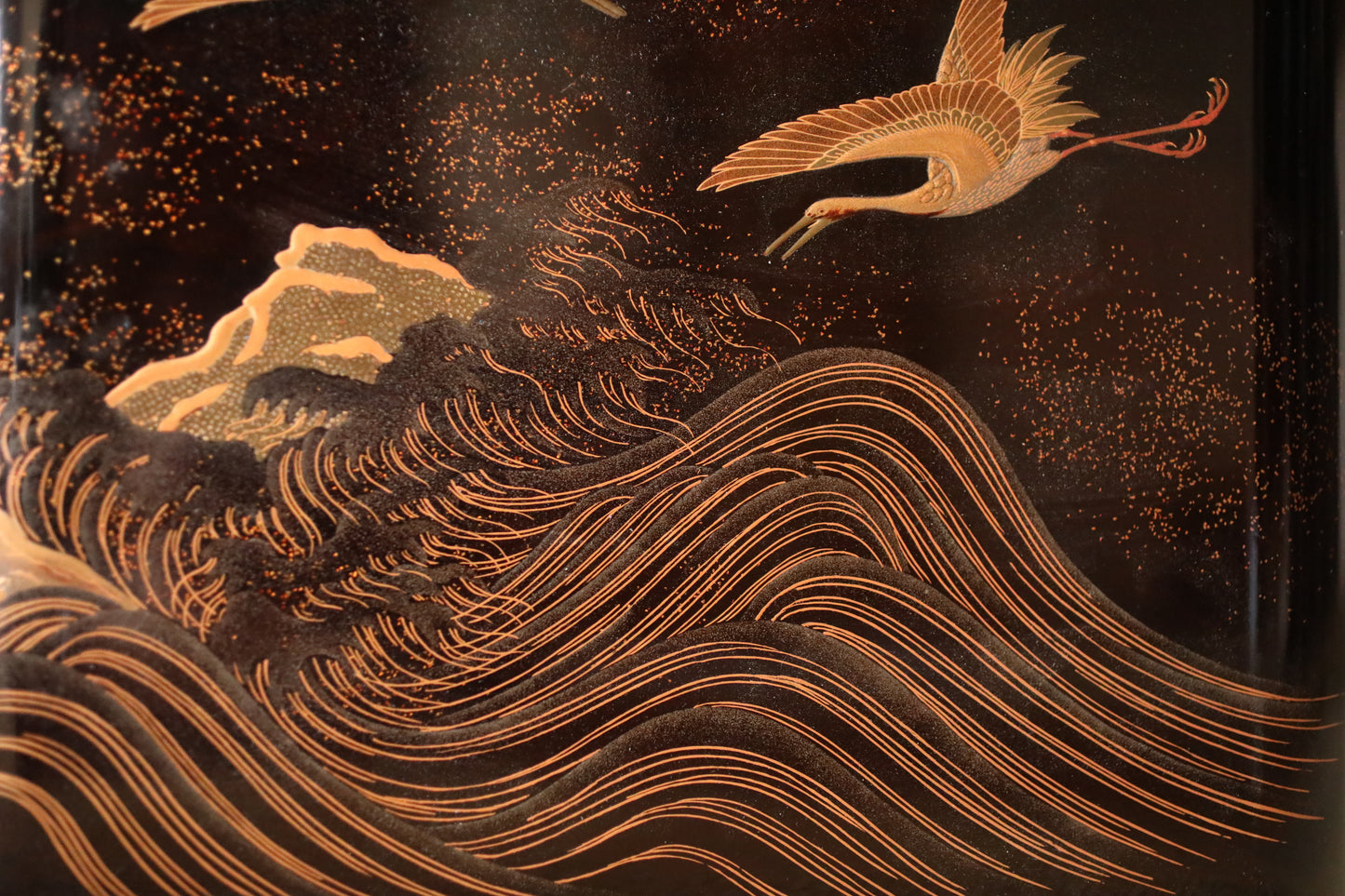 Antique Japanese Lacquer Jubako Box: Edo Crane Waves Makie, 4-Tiered